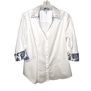 Hinson Wu White Button Front Shirt Blue Paisley Contrast Cuffs Collar Women’s 8